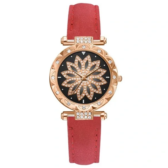 New Red Starry Sky Luxury Leather Strap Rose Gold Sapphire Bracelet Watch Set - Picture 12 of 16